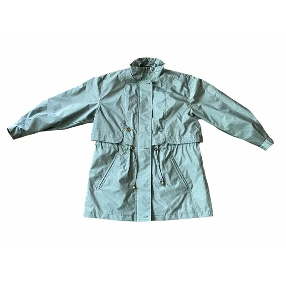 Vtg Fleet Street Metallic Teal Oversize Trench Raincoat Jacket Women's Medium - Picture 2 of 11